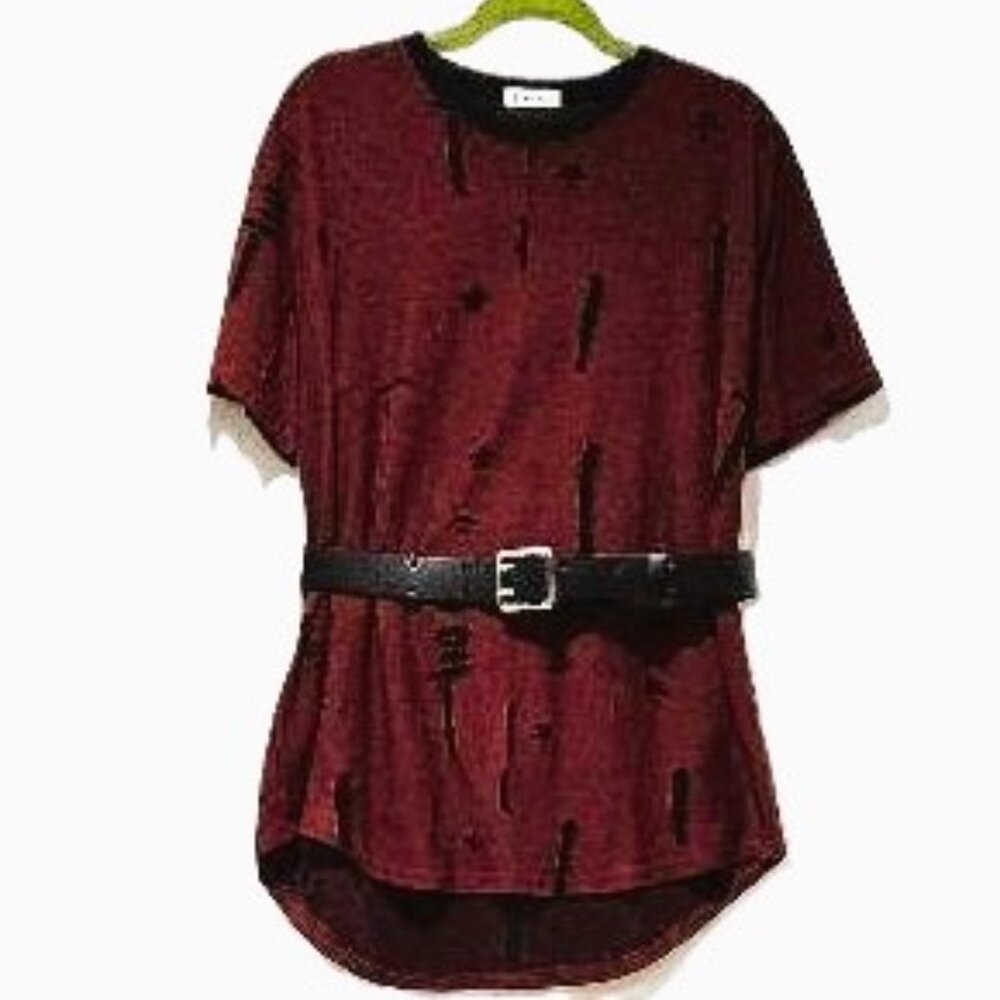 BURGUNDY BLACK RAW SEAM CONTEMPORARY HIGH LOW TUNIC   XL - 1X  ORIGINAL BURNOUT